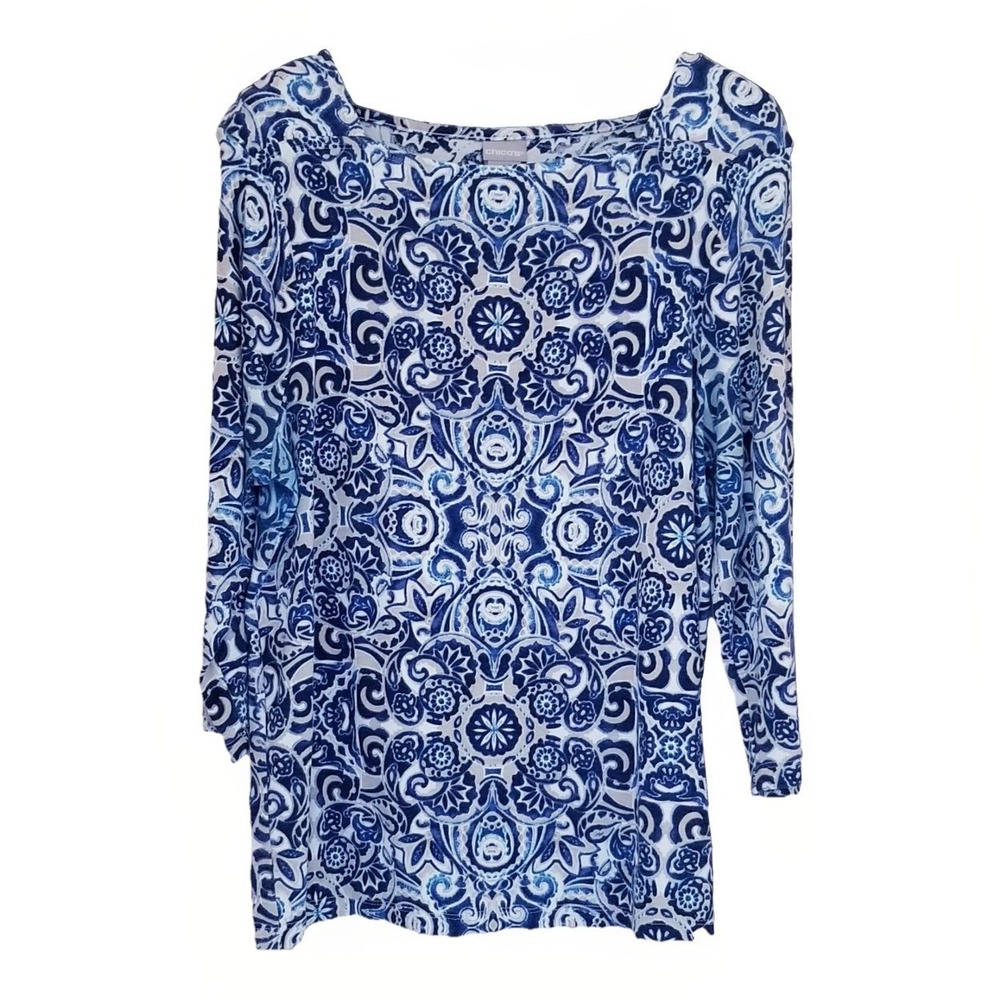 CHICOS Top Womens 3 Blue Pull-On Square Neck 100% Supima Cotton Artsy Festival